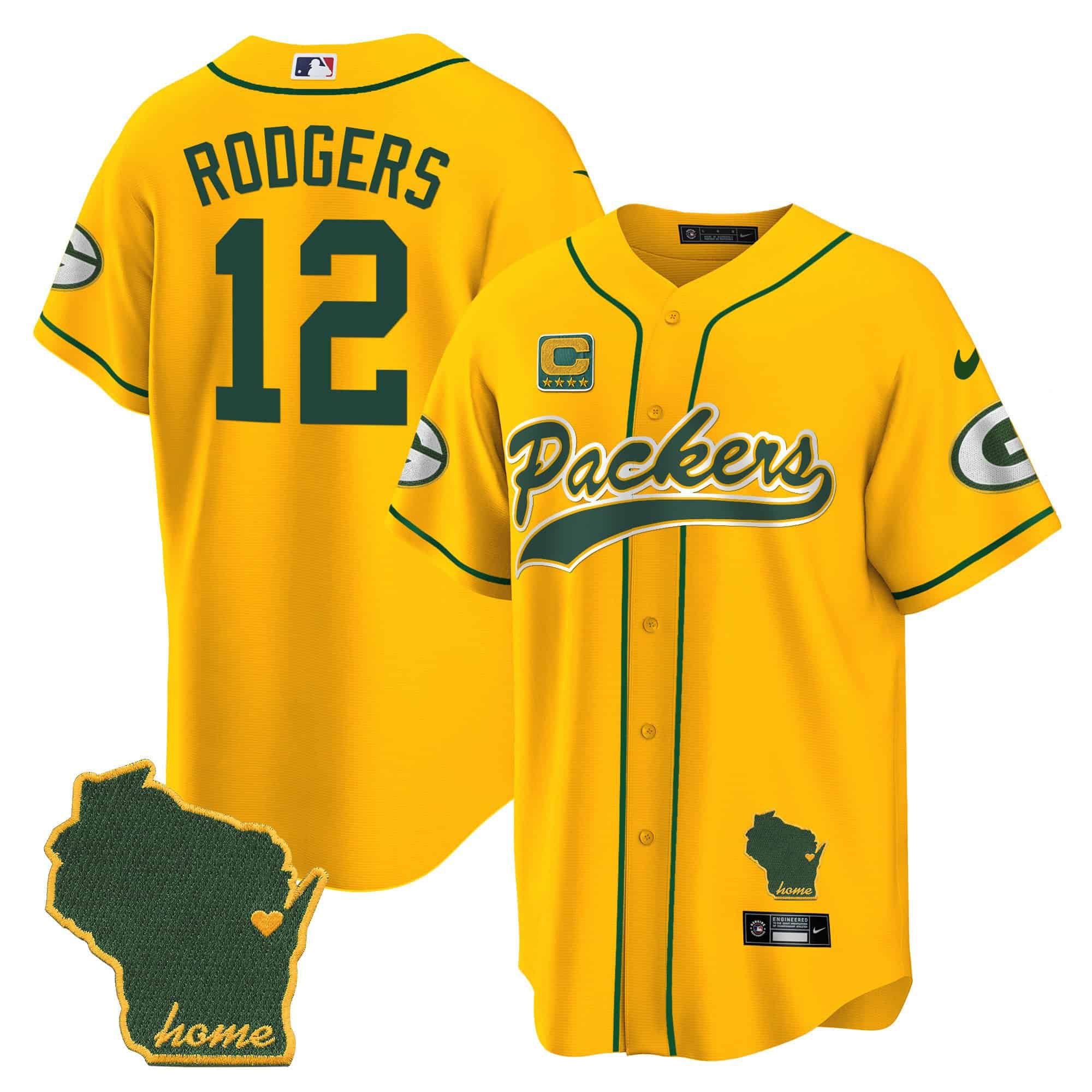 Men Green Bay Packers #12 Rodgers Yellow 2024 Nike Home Patch Baseball NFL Jersey
